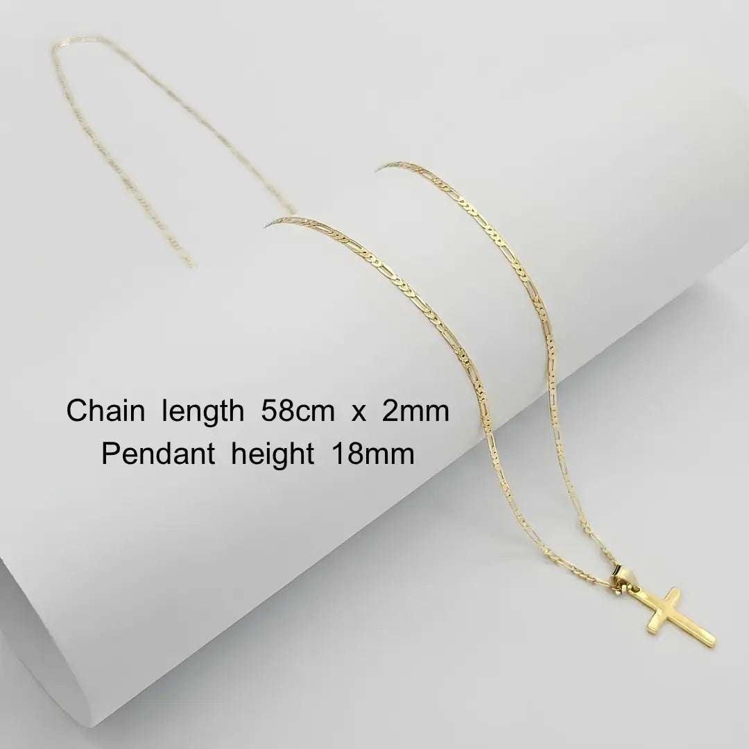 14K Gold Filled Latin Cross Necklace – 18mm Polished Cross Pendant with 58cm x 2mm Italian Figaro Chain for Men & Women